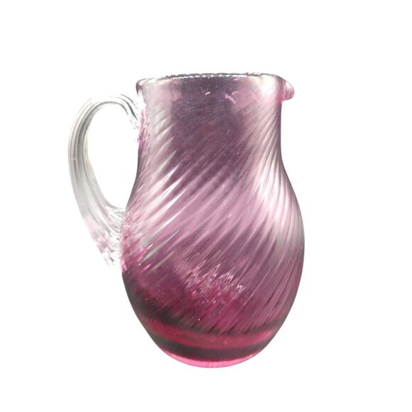 Vtg Hand Blown Cranberry Glass Creamer Ribbed Swirl Applied Handle 5" Small - Picture 5 of 12
